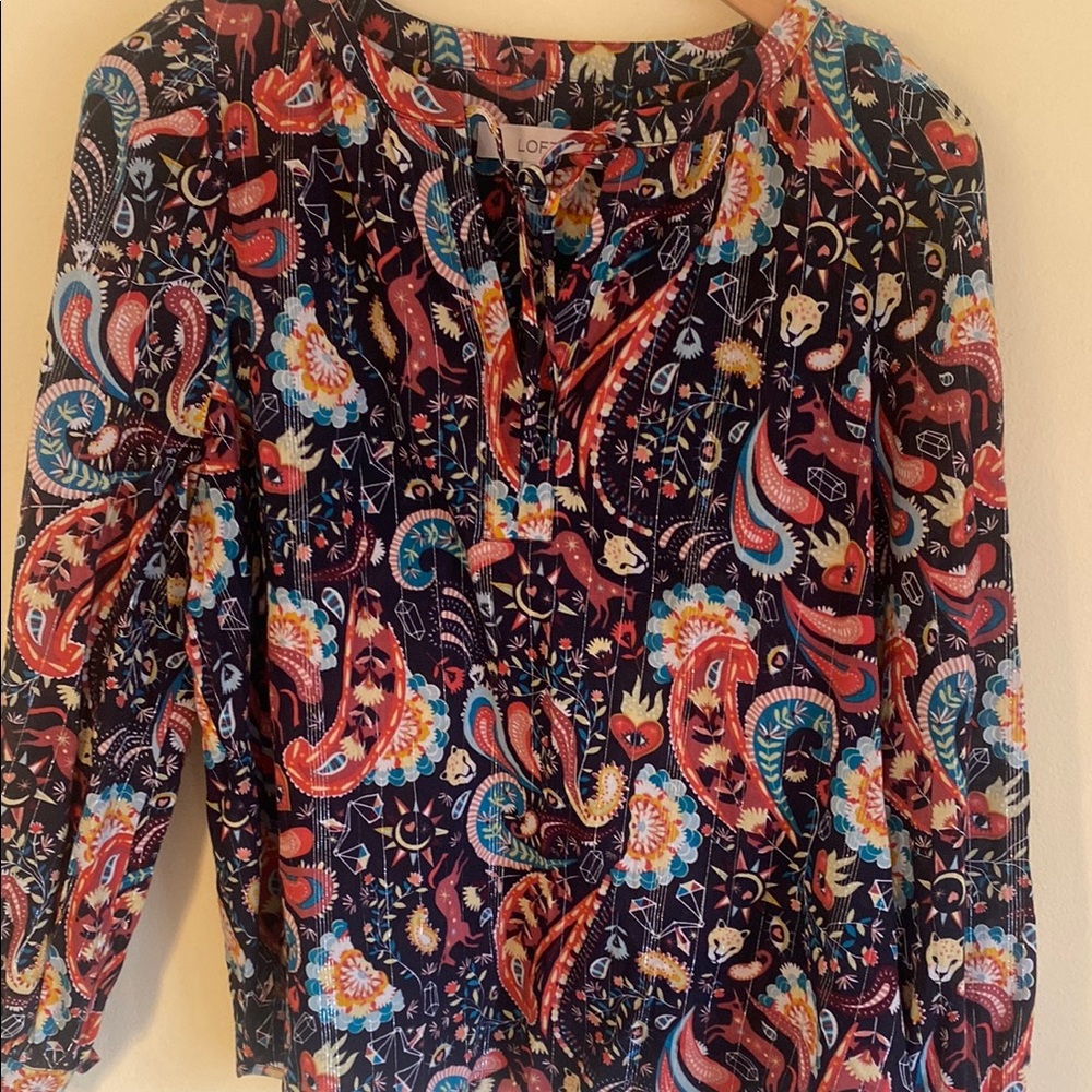 LOFT Orange Brown 3/4 Sleeve Graphic Blouse